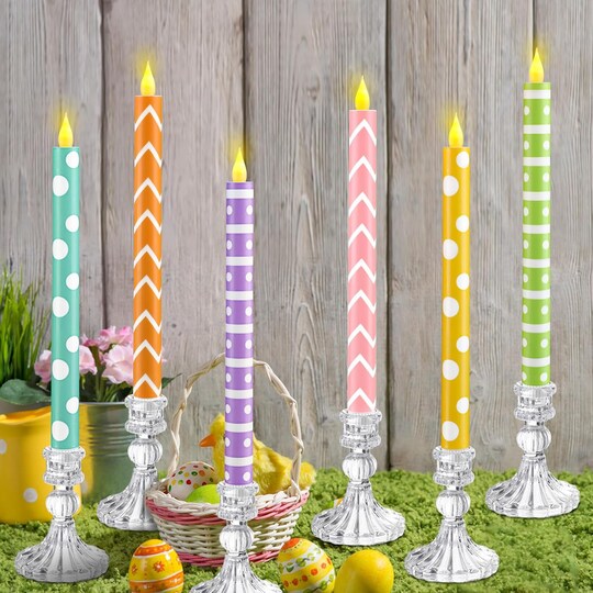 6 Pack Easter Flameless Taper Candles, 10.6 Inch Battery Operated LED Candlesticks with Colorful Geometric Designs, Flickering Decorative Candles for Dinner Table, Mantel, Wedding, Party and Home Decor